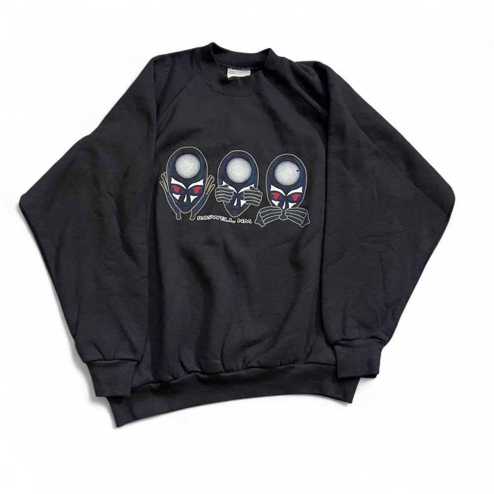 Roswell New Mexico Alien Black Crewneck Sweater Size XL Vintage Y2K Skate UFO